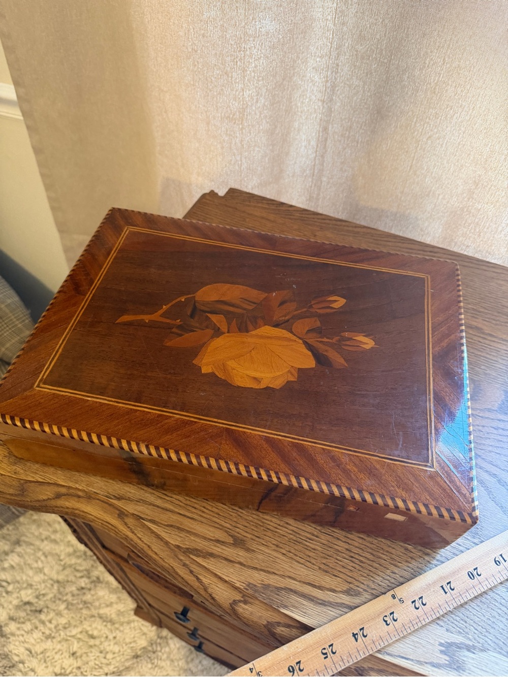 Vintage Wooden Inlay Jewelry Box - Brown & Tan